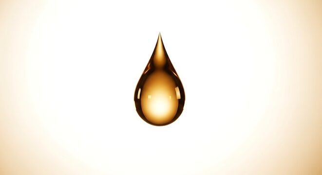 Golden liquid drop suspended in air on neutral background for beauty or health