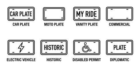 Collection of car plate icons showing various types such as moto, vanity, commercial and historic.
