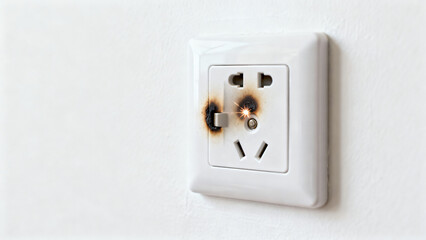 Damaged electrical outlet with burn marks and signs of overheating on white wall