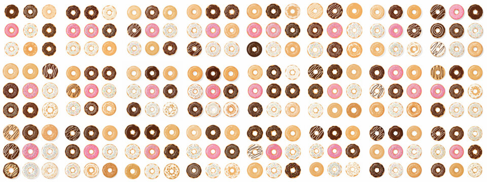 Seamless pattern of colorful vector donuts with various chocolate, pink, sprinkle, and plain glazes on a bright white background.