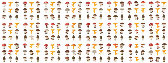 Seamless vector pattern of diverse forest mushrooms including fly agaric, chanterelles, porcini, and morels, representing culinary and wild fungi varieties. © Sabiqul