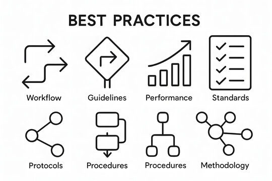 Best Practice Icons: Conceptual icons representing essential business practices, including workflow, guidelines, performance metrics, and adherence to standards.