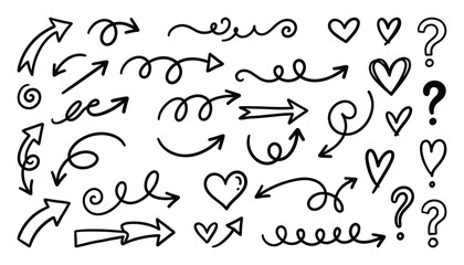 Collection of hand drawn doodle arrows, hearts, swirls, and question marks for highlighting