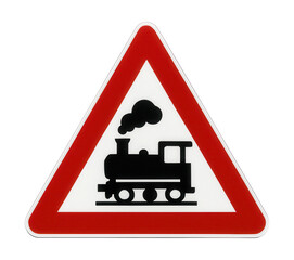 White triangular sign with a red border and black train crossing symbol.