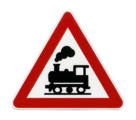 White triangular sign with a red border and black train crossing symbol.