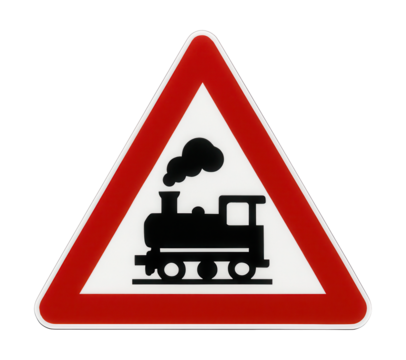 White triangular sign with a red border and black train crossing symbol.