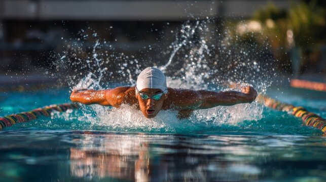 Muscular male swimmer executes the butterfly stroke creating high water splashes outdoors