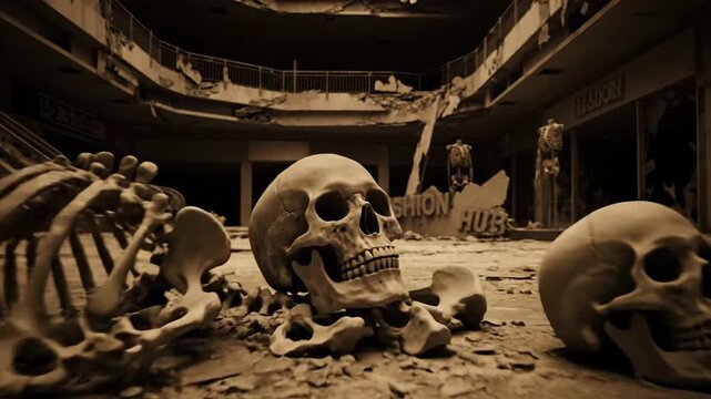 Abandoned building interior with skeletons and debris depicting decay and desolation