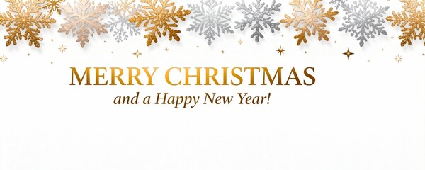  Merry Christmas and Happy New Year Greeting Banner with Gold and Silver Snowflake Border