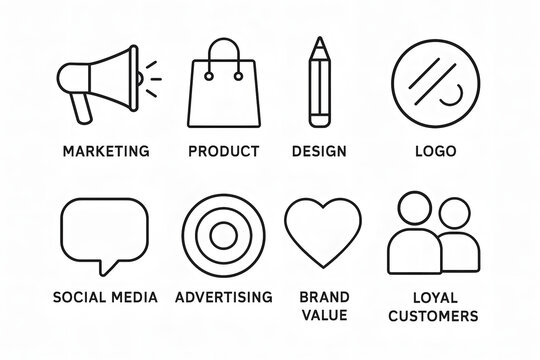 Business Icons: Illustrative icons representing marketing, product, design, and branding elements, perfectly suited for websites, presentations, and print media. 