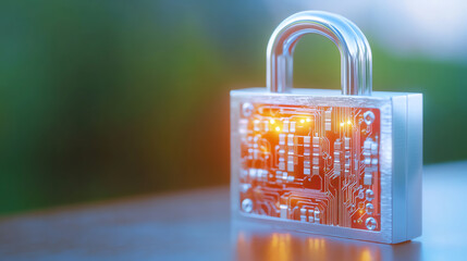 A futuristic padlock with intricate circuitry, symbolizing advanced security solutions in a digital age, set against a serene background.