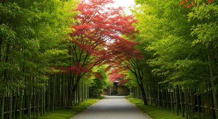 Long pathway through vibrant green bamboo contrasting with brilliant red maple trees leading to a peaceful garden. AI Generated