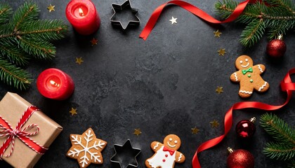 Christmas background with gingerbread cookies, red candles, ribbon, star-shaped cookie cutters and evergreen branches arranged on dark textured surface, creating a warm and joyful holiday scene