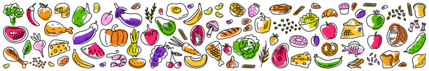 Horizontal illustration of healthy food vector collection, hand drawn with line art in doodle style
