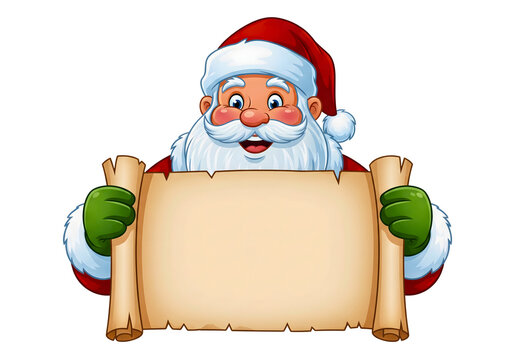 Santa claus holding a blank scroll for christmas messages