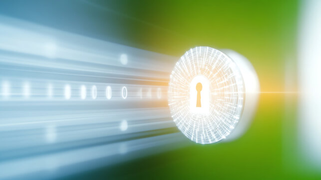 A futuristic lock symbolizing cybersecurity with light rays, representing data protection and digital security.