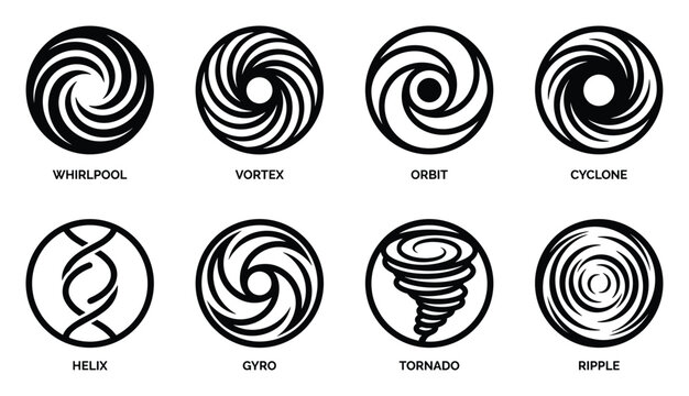 Collection of swirl icons showing whirlpool vortex orbit cyclone helix gyro tornado ripple