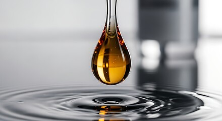 Close up of a golden liquid drop creating ripples in a dark liquid