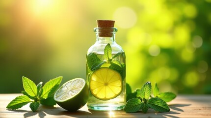 Glass bottle of essential oil infused with lemon slices and fresh mint leaves