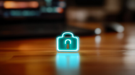 A glowing padlock icon on a wooden surface, symbolizing digital security and protection in modern technology.