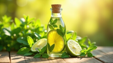 Glass bottle of essential oil infused with lemon slices and fresh mint leaves