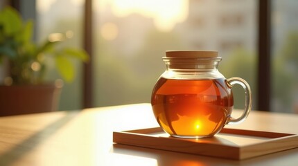 Glass jar of golden honey on a wooden tray with sunlight streaming through a window