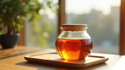 Glass jar of golden honey on a wooden tray with sunlight streaming through a window