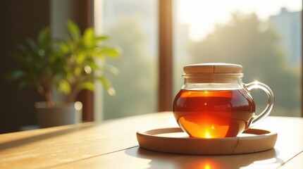 Glass jar of golden honey on a wooden tray with sunlight streaming through a window