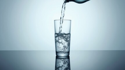 Clear water being poured into a tall glass on a reflective surface