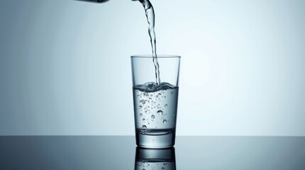 Clear water being poured into a tall glass on a reflective surface