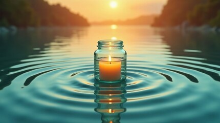 Candle in a jar floating on rippling water with golden light