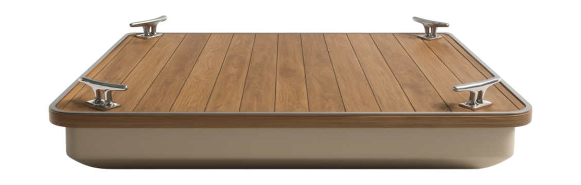 Rectangular floating dock featuring wooden decking and mooring cleats.
