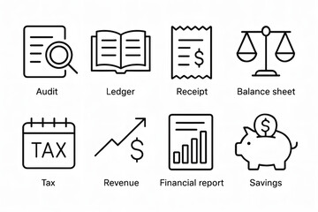Financial Icons: A collection of concise icons representing key financial concepts, conveying clarity and efficiency. Each icon signifies essential elements of financial operations