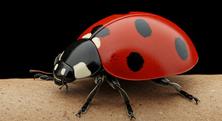 Striking macro shot of a vivid red ladybug with black spots on a simple earthy base against deep black. AI Generated