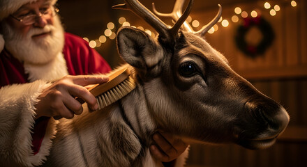 Santa Claus meticulously grooms a reindeer with a brush in a cozy, rustic setting adorned with festive holiday lights and a wreath