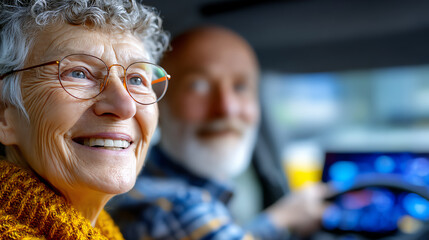 A joyful elderly couple enjoying a car ride, capturing happiness and companionship on the road together.