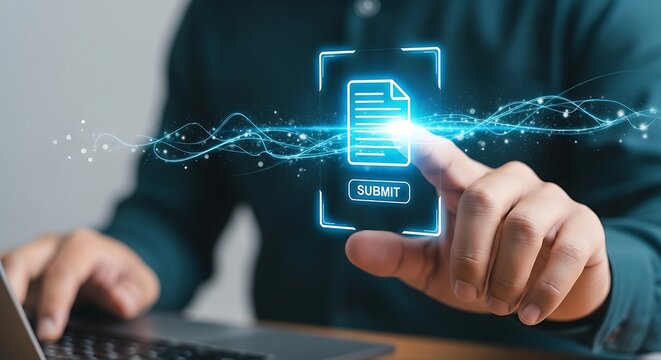 Digital document submission with glowing interface and hand interaction