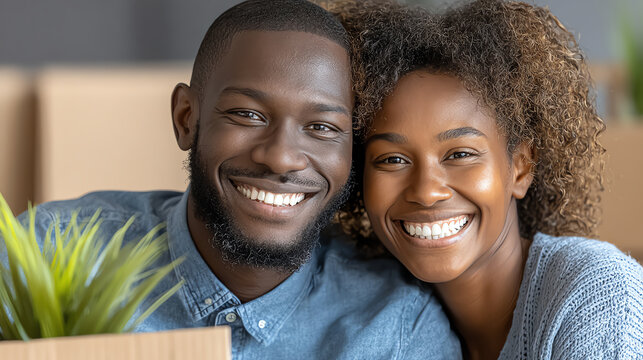 A joyful couple smiles together in their new home, surrounded by plants and moving boxes, capturing a moment of happiness.
