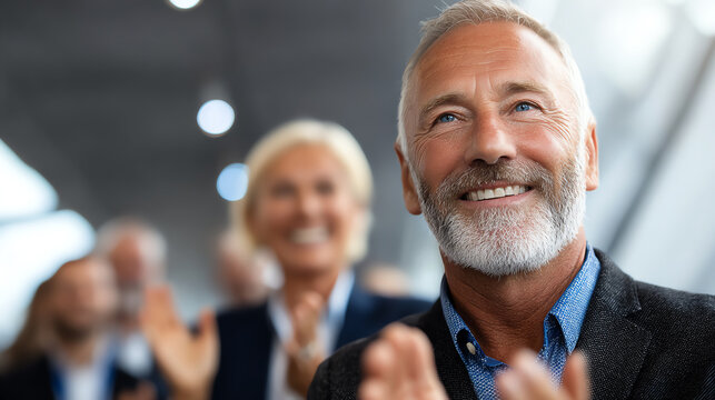 A joyful older man applauding during a speech, surrounded by an engaged audience, symbolizing enthusiasm and connection.