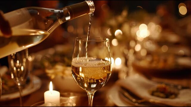 Pouring Wine Into a Glass During a Dinner Party with Flickering Candlelight and Elegant Table Plates