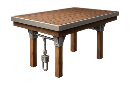 Adjustable-height floating dock with wooden supports.