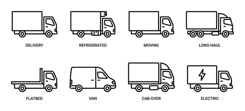 Delivery truck outline icons set. Refrigerated moving long-haul flatbed van cab-over electric vehicles.