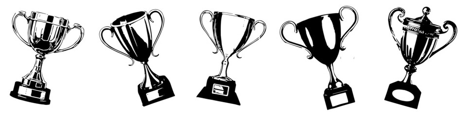 Set Trophy Cup Black and White Vector A collection of stylized trophy cups rendered in black and white, ideal for awards, achievement, and recognition graphics.