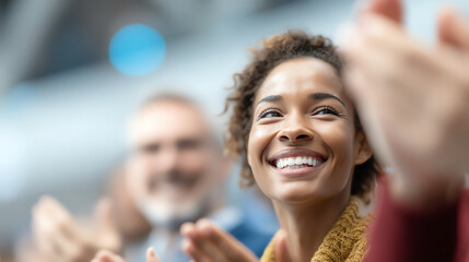 A joyful woman smiles brightly while applauding in a lively crowd, showcasing shared happiness and celebration.