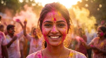 Woman smiling with pink and yellow powder on face during festival holi celebration