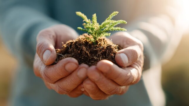 Cupped hands carefully holding small green seedling growing in dark brown soil under light