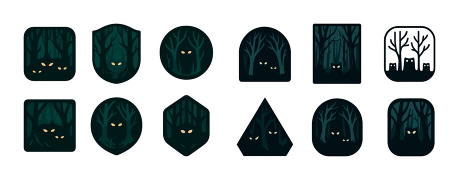 Mysterious forest icons with glowing eyes in geometric shapes