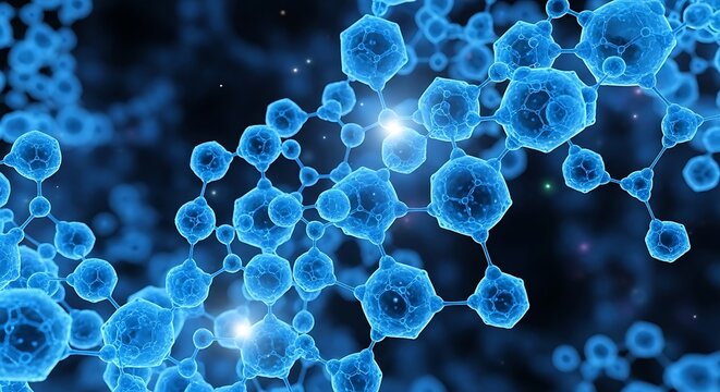 Abstract Blue Molecular Structure with Glowing Connections and Geometric Shapes.