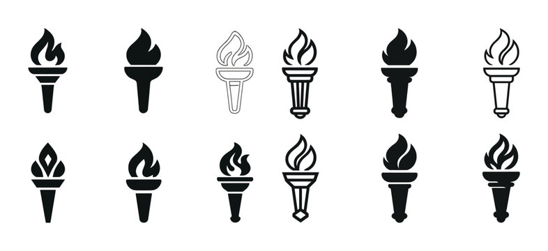 Collection of diverse torch icons with flames in black and white designs