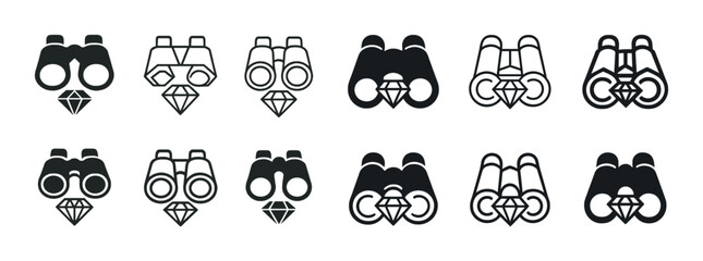 Binocular and gem icons set: black and white minimalist designs